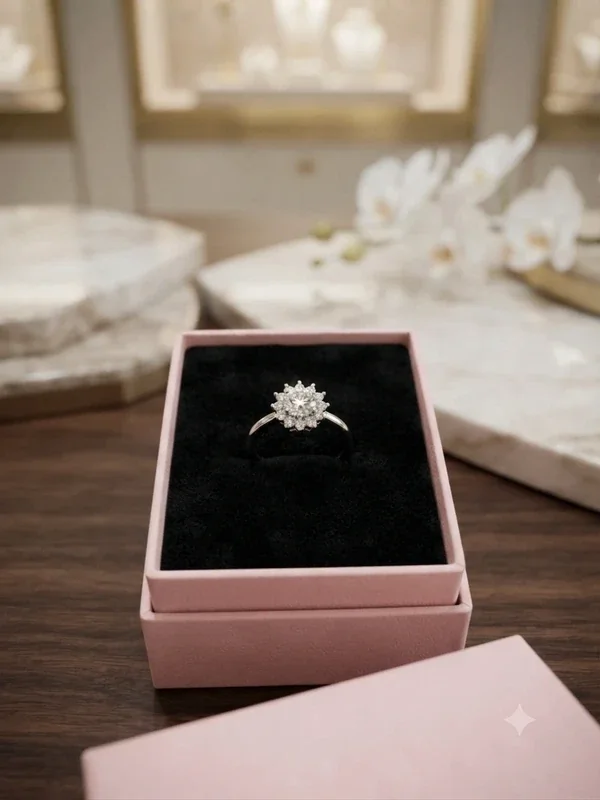 Anillo floral de moissanita presentado en una caja rosa