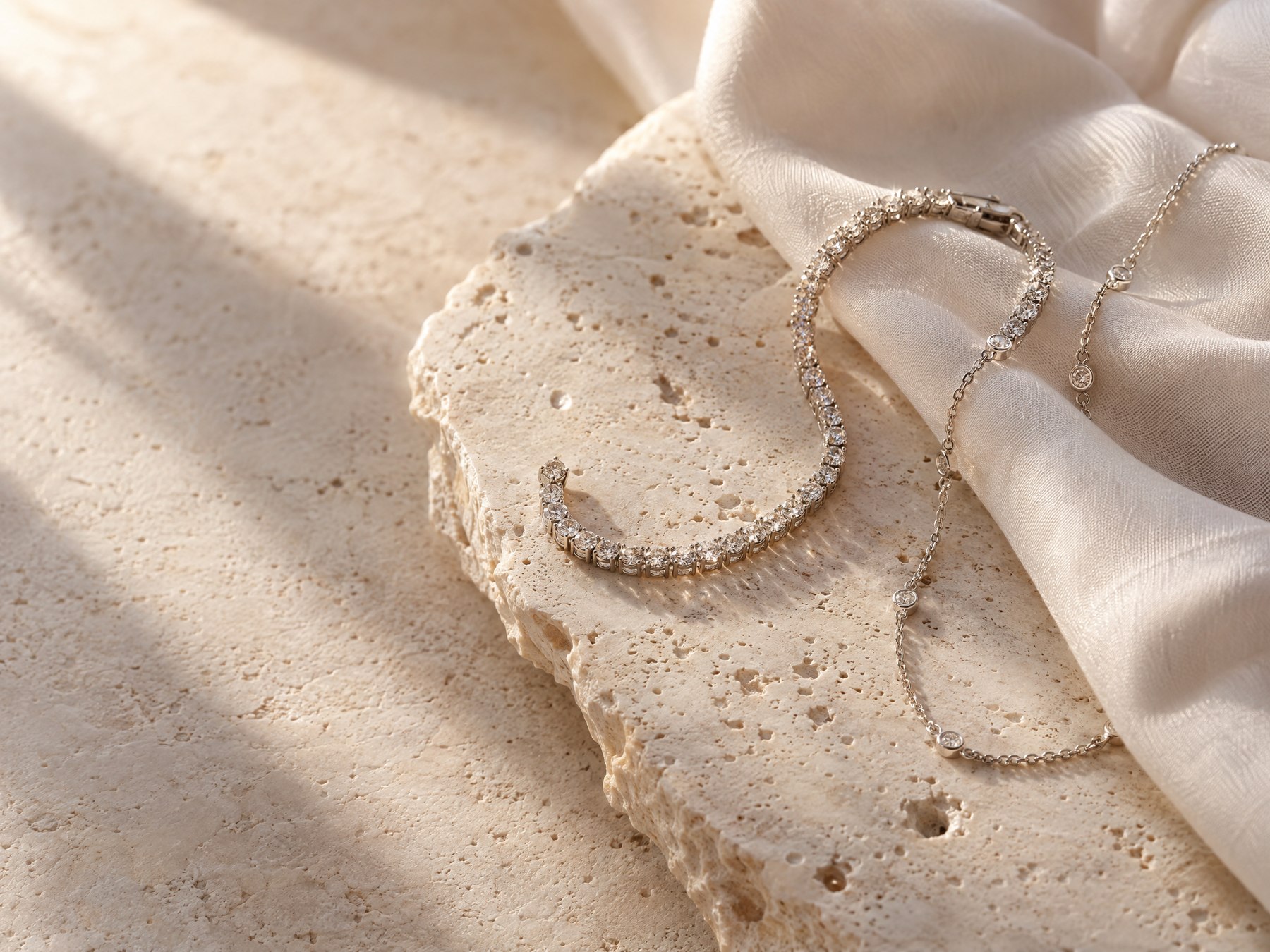 Fotografía editorial de una pulsera y una cadena plateadas sobre piedra clara