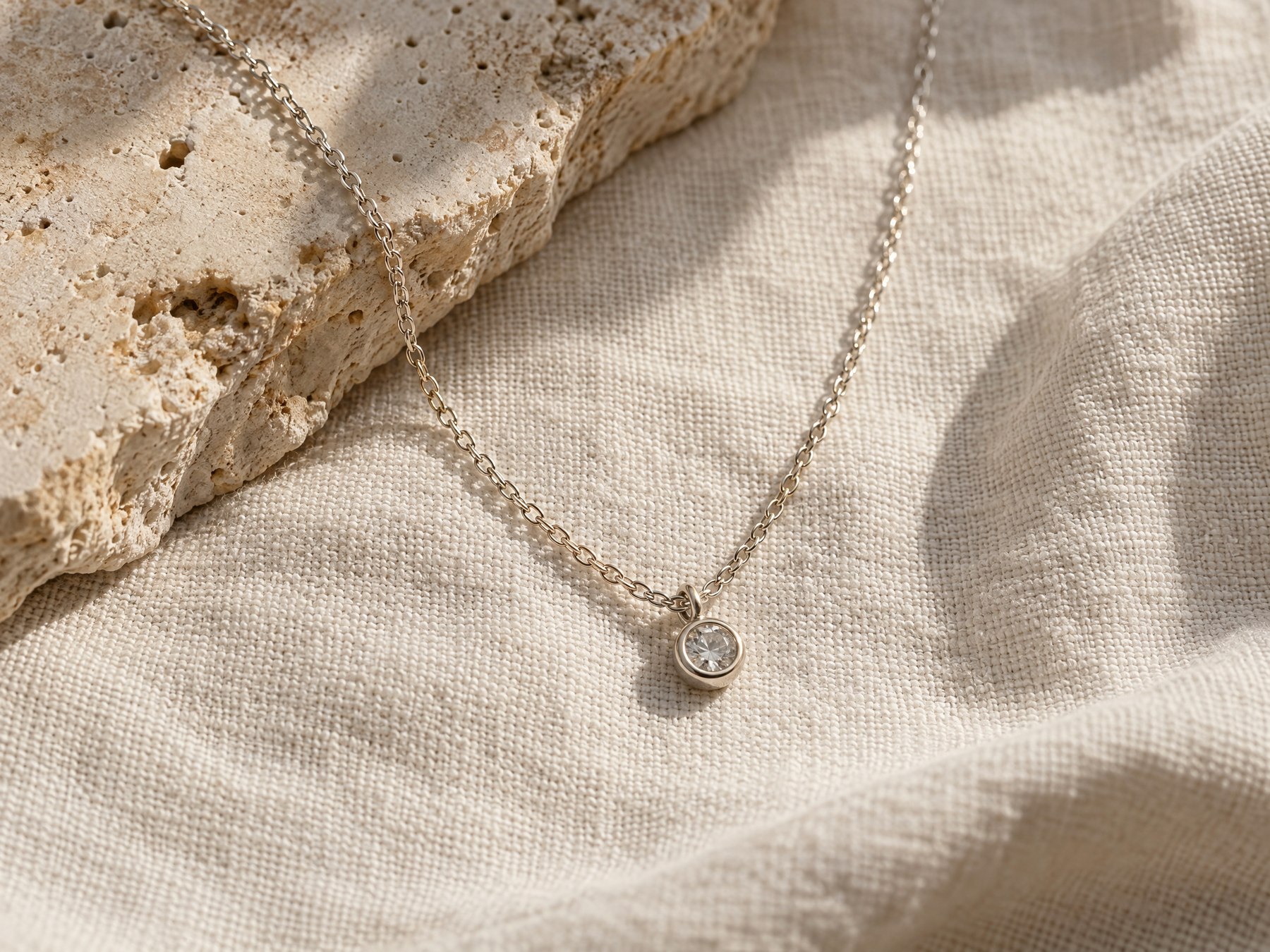 Detalle de una cadena fina y un colgante sobre lino y piedra clara